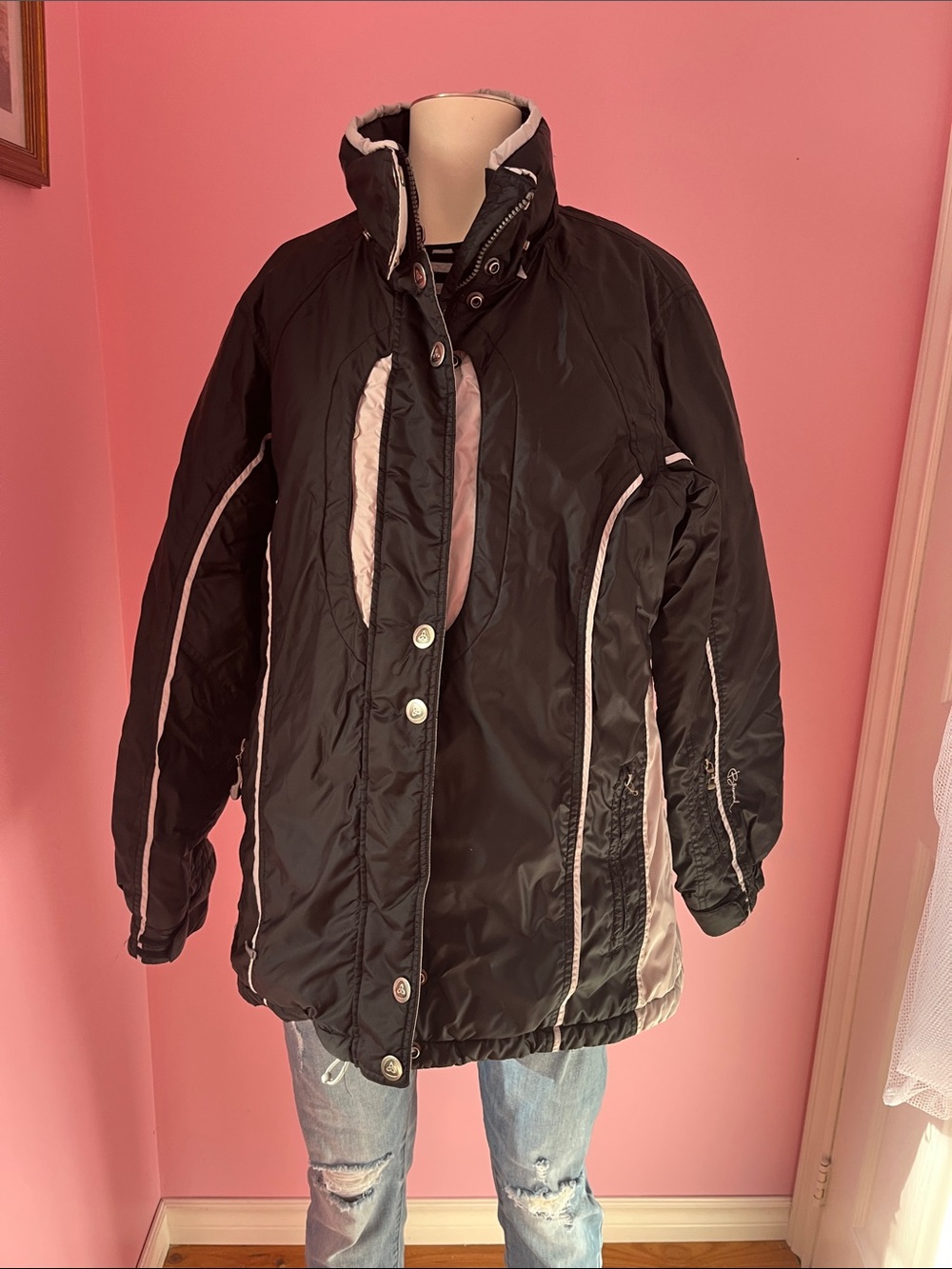 Women's Black Ski Jacket with Light Pink Trim